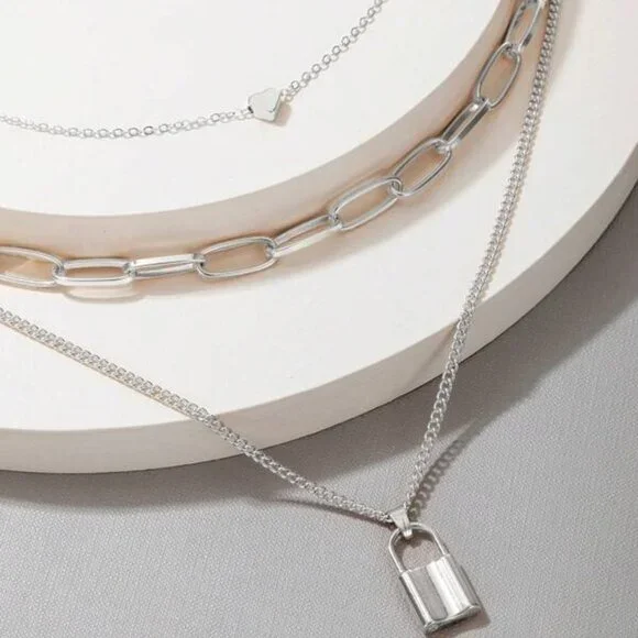 Sterling Silver 3-Layer Chain Necklace | Heart & Lock Pendant - Picture 3 of 4